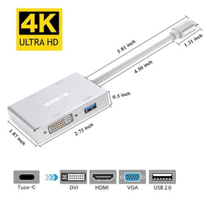 USB C to HDMI/DVI/VGA Adapter, Monodeal 4 in 1 USB 3.0 Type-C Hub VGA/HDMI/DVI Video Adapter 4K UHD, Support HDMI&VGA, DVI&VGA Simultaneously, Male to Female Multi-Display Video Converter