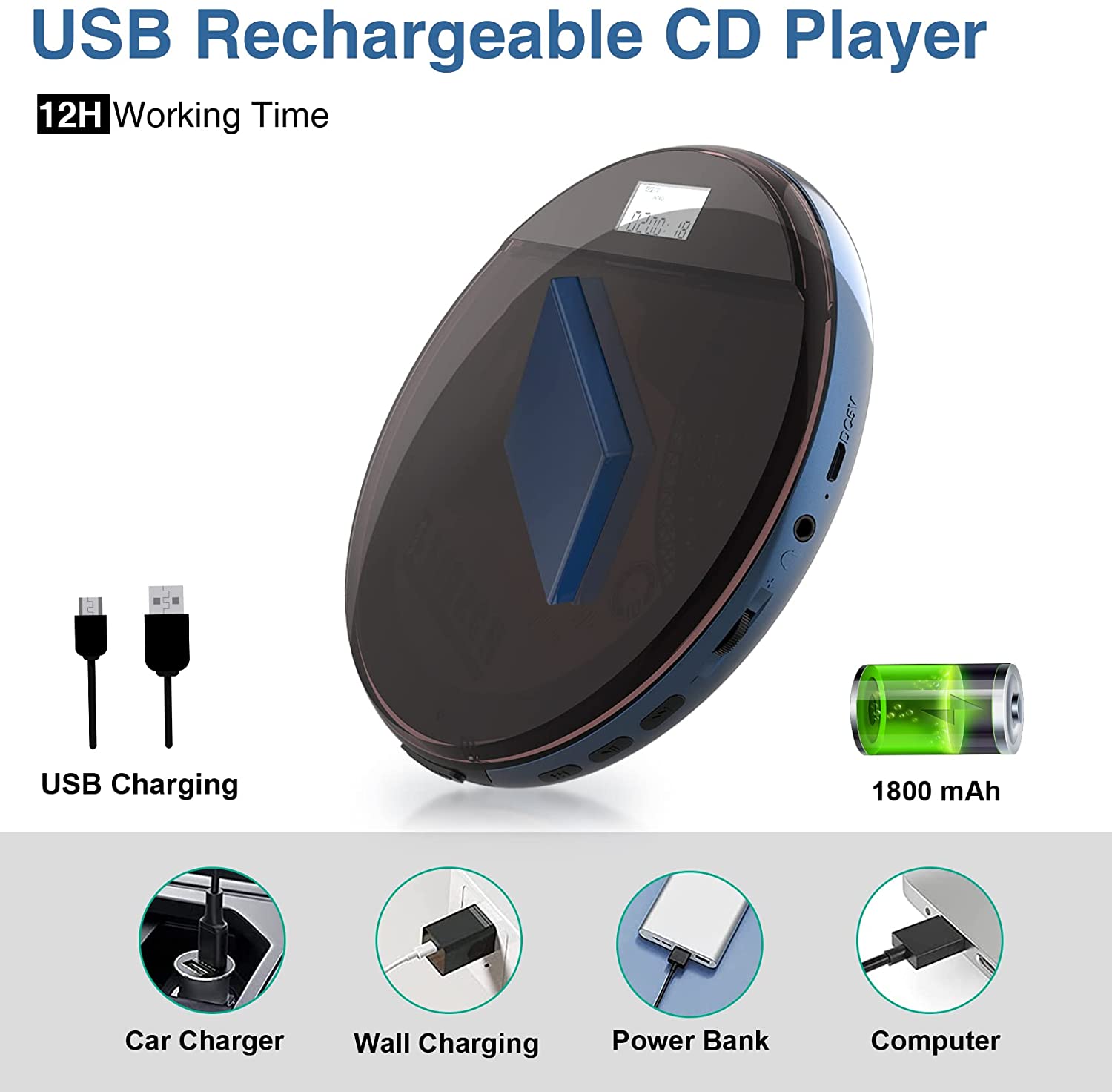 CD Player Portable, MONODEAL Portable CD Player for Car Anti-Skip Protection, Rechargeable Walkman CD Player with Headphones for Running & Traveling, Personal Compact CD Player for Seniors, Adult,Kids