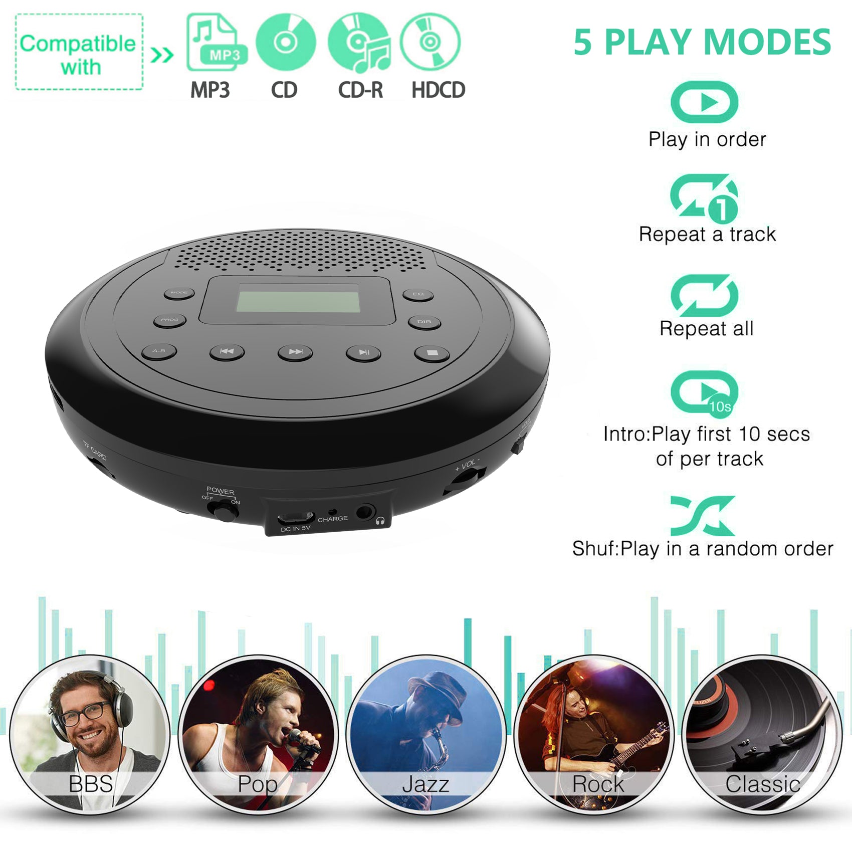 CD Player Portable, MONODEAL MD-109 Rechargeable Portable CD Player with Built-in Speakers for Car and Personal Use, Anti-Skip CD Player with Headphones